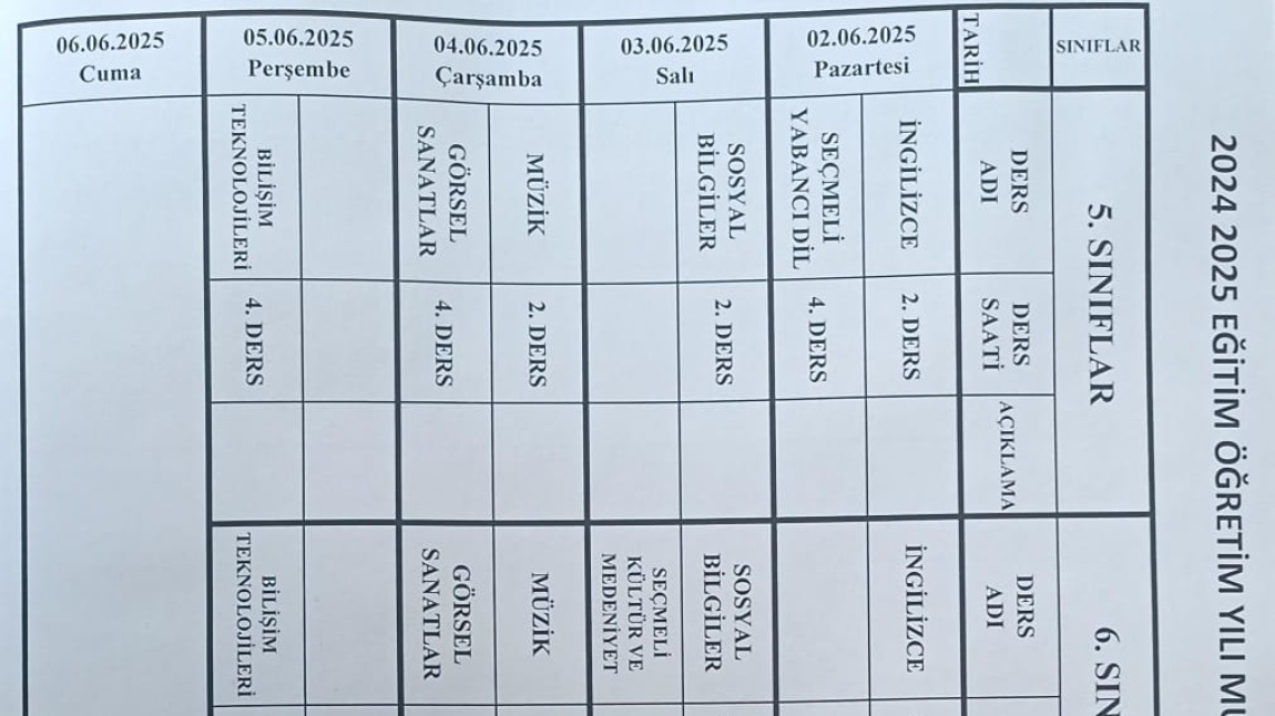 2. DÖNEM 2. YAZILI SINAVLARI TAKVİMİ